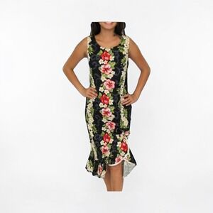Two Palms Hawaii Dress Womens M Black Floral Midi Sundress Ruffle Hem USA made